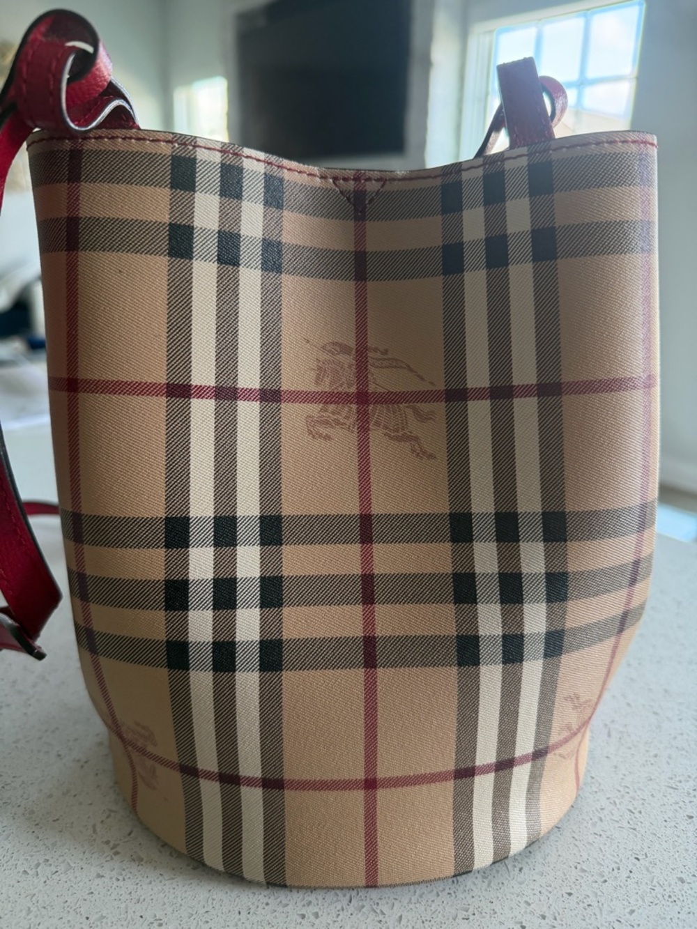 Classic Plaid Bucket Bag in Beige and Red